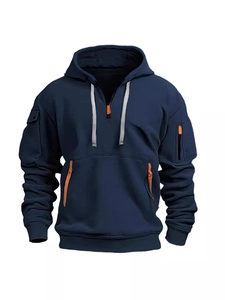 Men's navy blue tactical hoodie with orange zipper pulls and multi-pocket outdoor design
