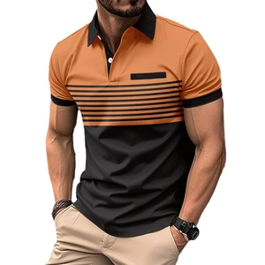 Men's casual slim fit polo shirt with orange and black color block and chest pocket