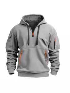 Tactical grey hoodie for men featuring half-zip front and functional sleeve utility pockets