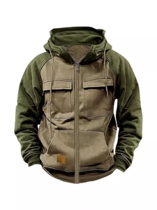 Sweat-shirt à capuche pour homme, bicolore avec poches multiples et écusson en cuir
