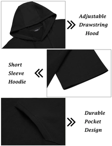 Détail d'un t-shirt à capuche noir avec cordons réglables et tissu en maille durable