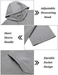Détails du sweat à capuche gris à manches courtes avec cordon de serrage et poches