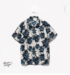 Close-up of coconut tree print pattern and button details on Hawaiian short sleeve shirt
