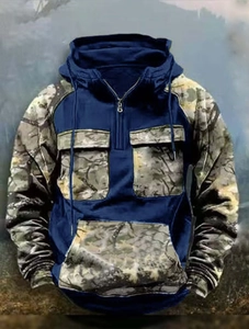 Men's camouflage tactical hoodie with quarter zip and front utility pockets in navy