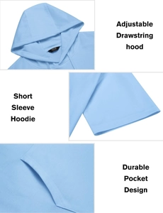 Détails du sweat à capuche bleu clair à manches courtes avec cordon et poches