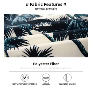 Detailed close-up of blue palm print polyester fabric showing smooth texture and durability