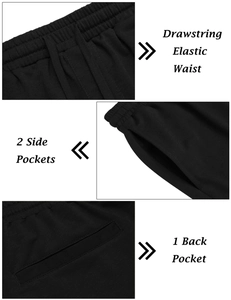Détail de la taille élastique à cordon et des trois poches sur ce short de sport noir
