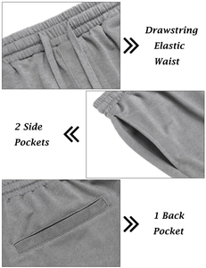 Détail du short gris montrant la taille élastique à cordon et trois poches pratiques
