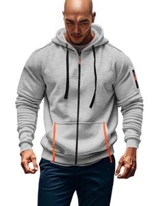 Herren Hoodie in Hellgrau mit orangen Reißverschlussdetails und plissierten Ärmelstrukturen