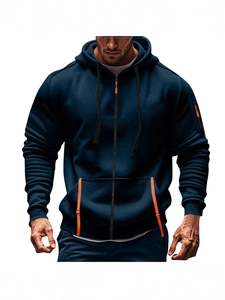 Herren-Kapuzenpullover in Dunkelblau mit Reißverschluss und orangefarbenen Akzenten