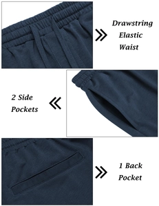 Détails du short bleu marine avec taille élastique à cordon et poches latérales