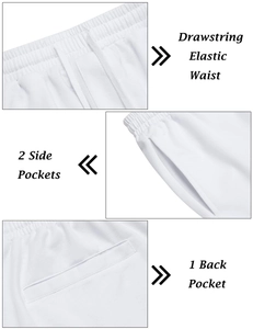 Détails du short de sport blanc avec taille élastique à cordon et trois poches fonctionnelles