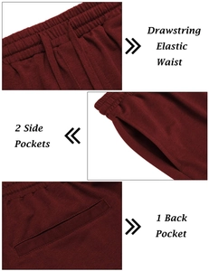 Détails de la taille à cordon et des poches du short de sport rouge foncé pour homme