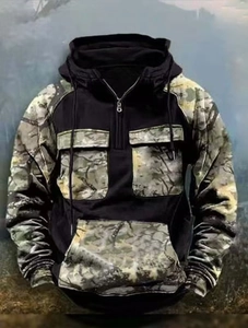 Outdoor tactical camouflage hoodie with black splicing and dual chest pockets