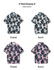 Front and back views of short sleeve Hawaiian shirts with tropical palm tree patterns