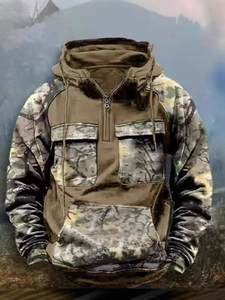 Tactical camouflage hoodie with half-zip and utility pockets in olive green color