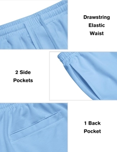 Vue détaillée du short bleu clair avec taille à cordon et poches latérales et arrière