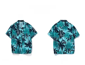 Front and back flat lay views of a men's short sleeve Hawaiian shirt with palm tree prints