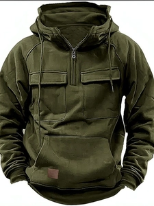 Detail view of olive green hooded sweatshirt with tactical pockets and half-zip collar