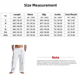Tabla de tallas para pantalones cargo de lino de hombre con medidas de cintura y cadera