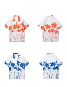 Flat lay detail showing front and back views of Hawaiian floral beach shirts for men