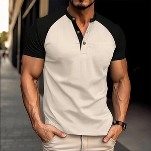 Maglia Henley da Uomo in Maglia a Nido d'Ape Color Block Manica Corta Raglan Top Casual Traspirante Slim Fit T-Shirt da Uomo