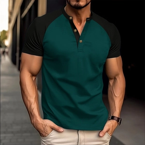 T-shirt Henley da uomo slim fit in maglia a nido d'ape nero e verde scuro a contrasto