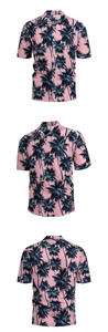 Detailed views of pink Hawaiian shirt with palm tree print from multiple angles