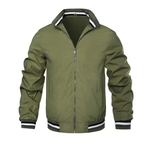Detail of army green bomber jacket with striped rib-knit collar and metal zipper closure