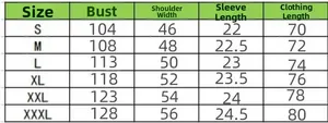 Size chart for men's summer casual short sleeve set from S to XXXL with measurements