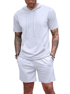 Ensemble homme short et sweat à capuche manches courtes gris clair avec poche kangourou