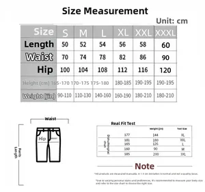 Detailed size chart for men's summer short set including waist and hip measurements