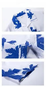 Detail view of the collar and palm leaf print stitching on the casual men's Hawaiian shirt
