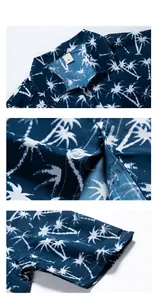 Detail view of tropical palm print shirt showing collar, resin buttons and fabric texture