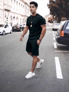 Men Casual Short Sleeve T-Shirt And Shorts Suit Polyester Blend Solid Color Summer Streetwear Sporty Urban Daily Outfit For Men