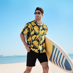 Men Hawaiian Shirt Polyester Breathable Tropical Fruit Tree Print Short Sleeve Turn Down Collar Casual Summer Beach Top