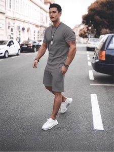 Men's dark grey short sleeve T-shirt and drawstring shorts casual summer outfit set