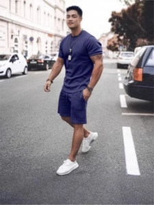 Men's navy blue summer casual set with short sleeve t-shirt and matching drawstring shorts