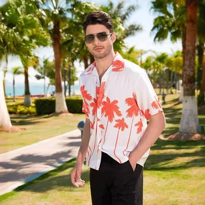 Hawaiian floral beach shirt for men featuring orange palm tree print and short sleeves