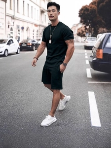 Men's minimalist black summer casual set with cotton short sleeve T-shirt and shorts