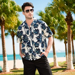 Men Hawaiian Shirt Short Sleeve Polyester Palm Tree Print Button Down Beach Tropical Casual Summer Lightweight Top