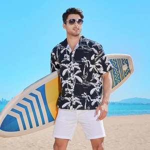 Men's navy blue Hawaiian short sleeve shirt with white palm tree prints for summer beach