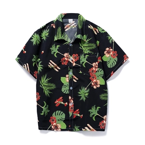 Men's loose Hawaiian short sleeve shirt with tropical palm and floral prints on black