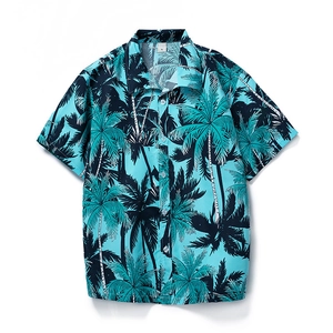 Men's loose short sleeve Hawaii beach shirt with blue palm tree print and button closure