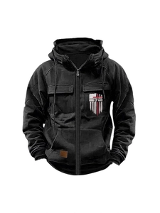 Giacca Felpa Con Cappuccio da Uomo Con Cerniera Stampa MAN OF GOD Motivo Croce Bandiera Multitasche Felpa Casual Larga