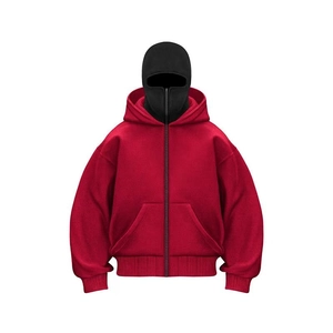 Detailansicht eines schweren roten Hoodies mit Gesichtsmaske und Metallreißverschluss