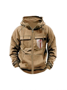 Felpa con cappuccio marrone scuro da uomo con stampa Man of God e quattro tasche utility