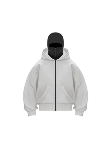 Schwerer hellgrauer Oversize-Zip-Hoodie mit integrierter schwarzer Sturmhaube-Maske