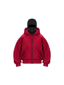 Schwerer roter Hoodie mit Reißverschluss, integrierter Gesichtsmaske und Kängurutasche