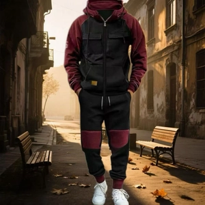 Tuta sportiva da uomo bicolore nero e bordeaux con cappuccio e cuciture a contrasto